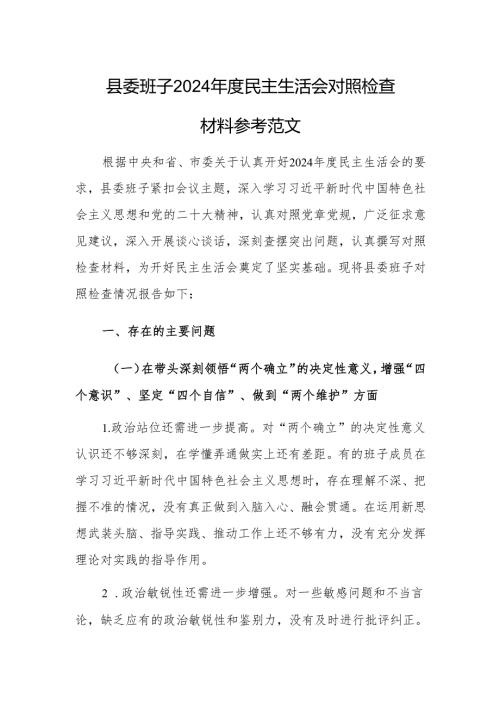 班子 2024 年度民主生活会对照检查材料参考范文.docx