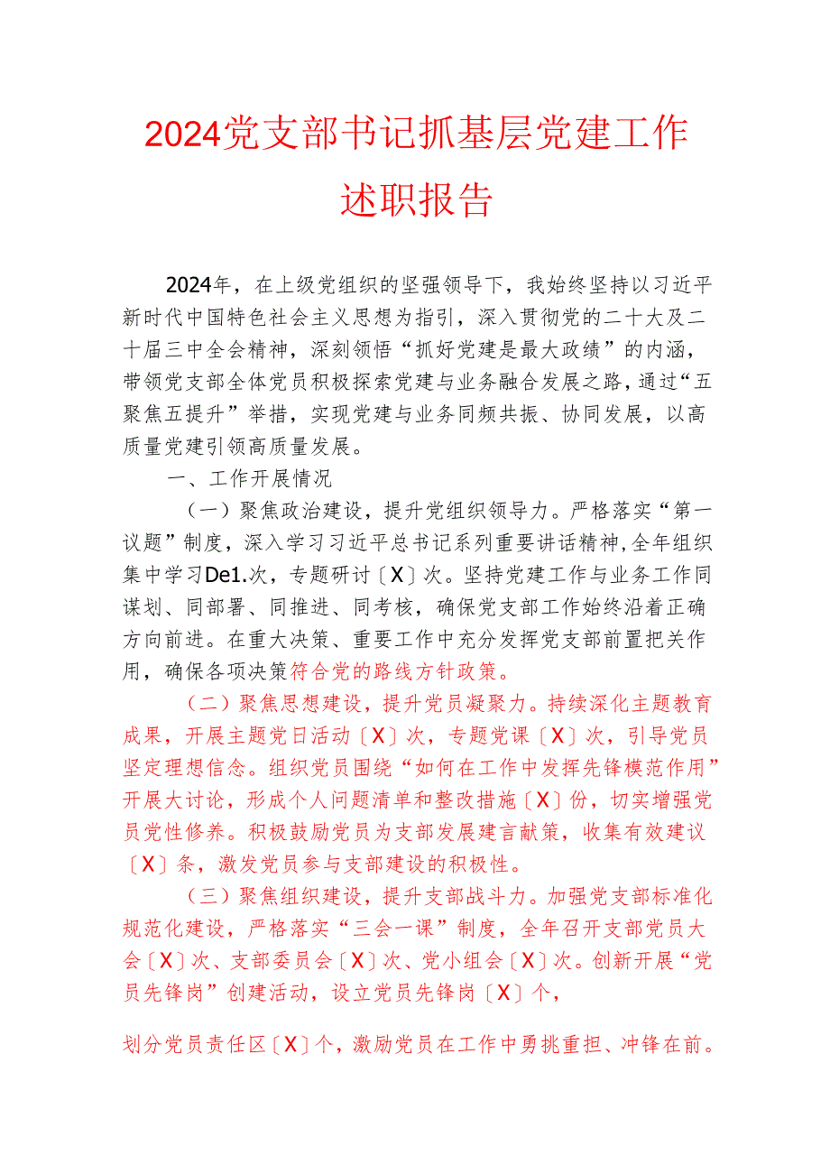 2024党支部书记抓基层党建工作述职报告.docx_第1页