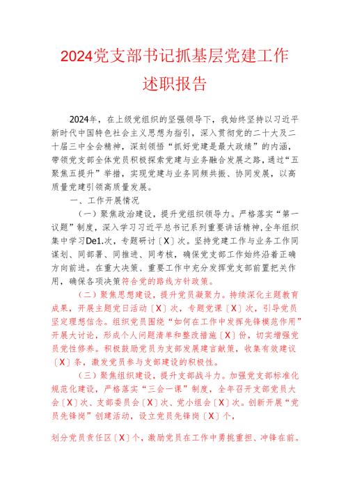 2024党支部书记抓基层党建工作述职报告.docx