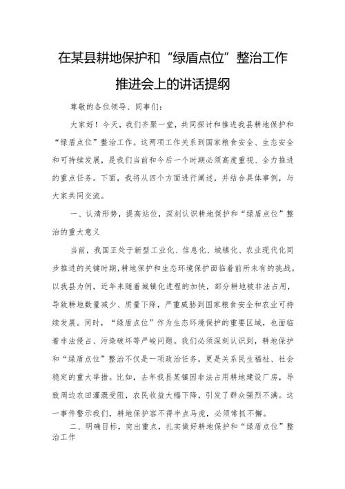 在某县耕地保护和“绿盾点位”整治工作推进会上的讲话提纲.docx