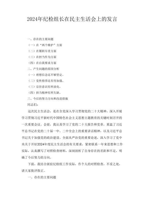 2024年纪检组长在民主生活会上的发言.docx
