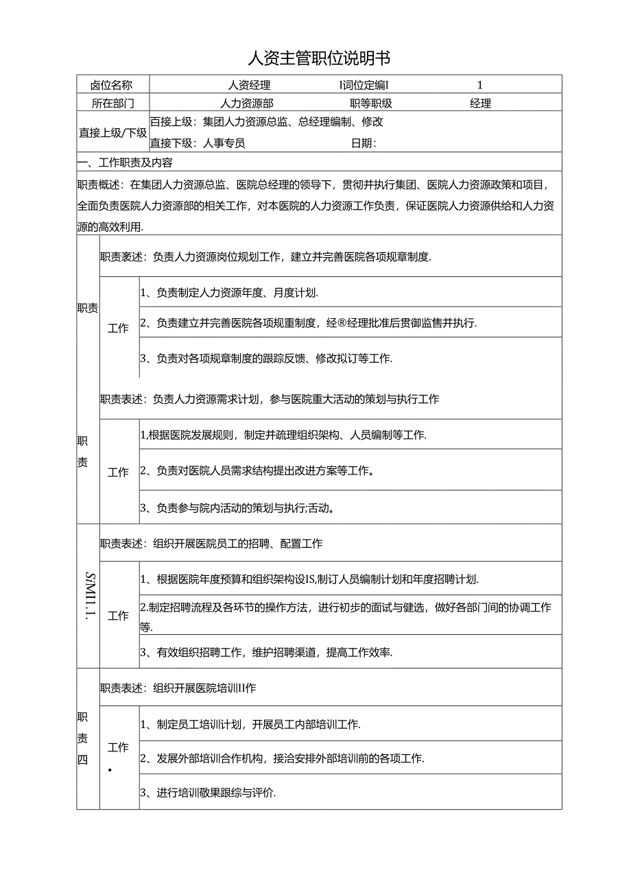 医美整形医院人资主管岗位说明书.docx_第1页