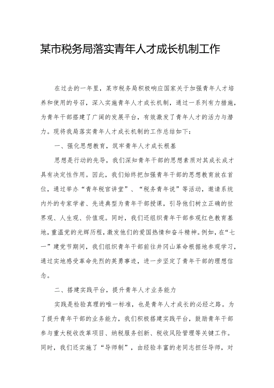某市税务局落实青年人才成长机制工作总结.docx_第1页