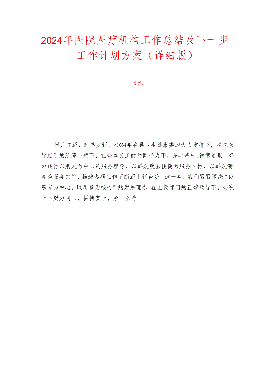 2024年医院医疗机构工作总结及下一步工作计划方案（详细版）.docx_第1页
