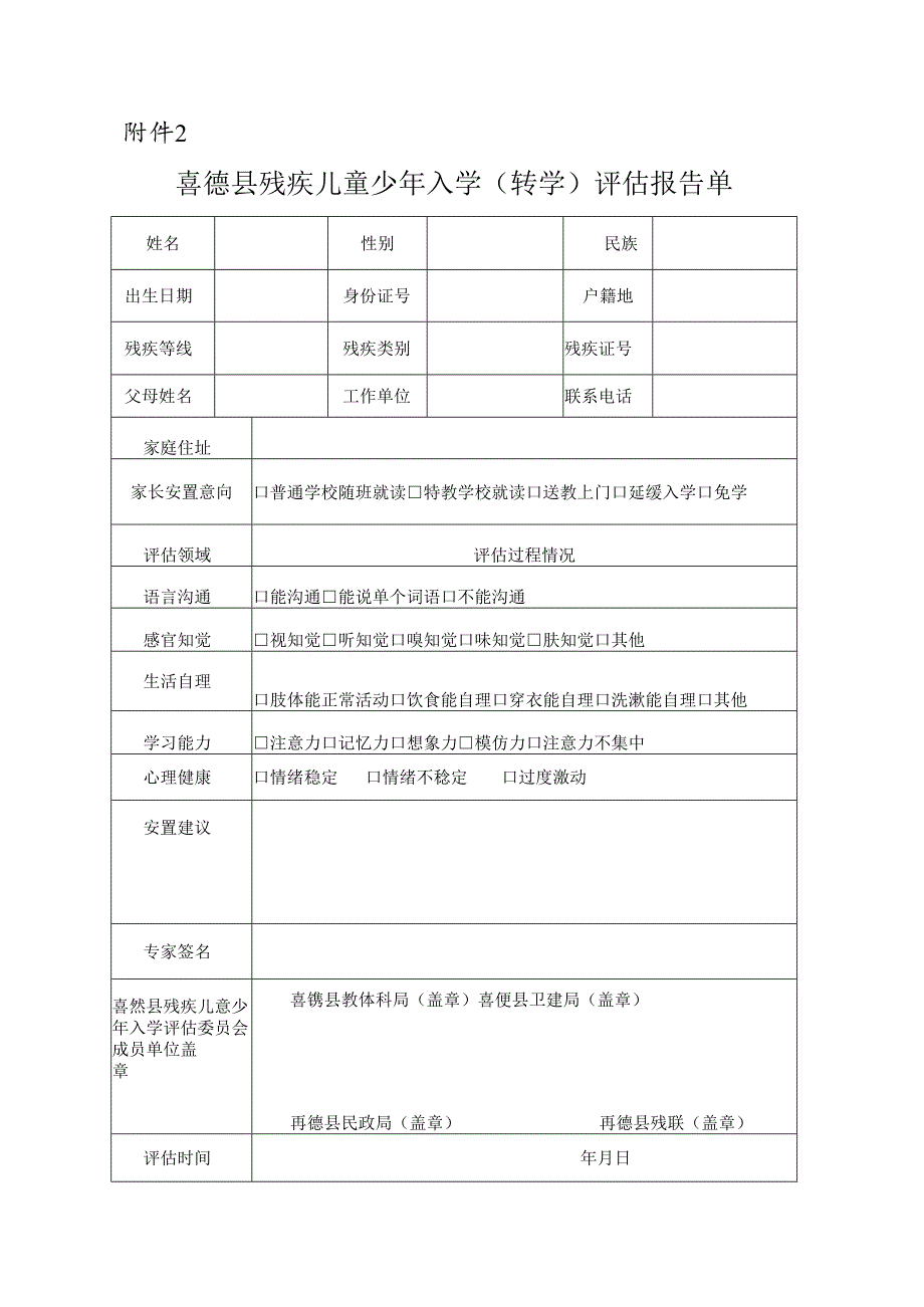 （确定稿）喜德县残疾儿童少年入学(转学)评估报告单.docx_第1页