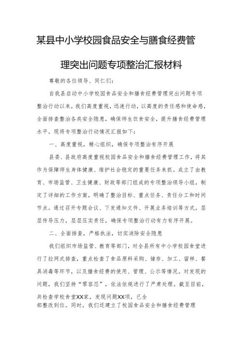 某县中小学校园食品安全与膳食经费管理突出问题专项整治汇报材料.docx