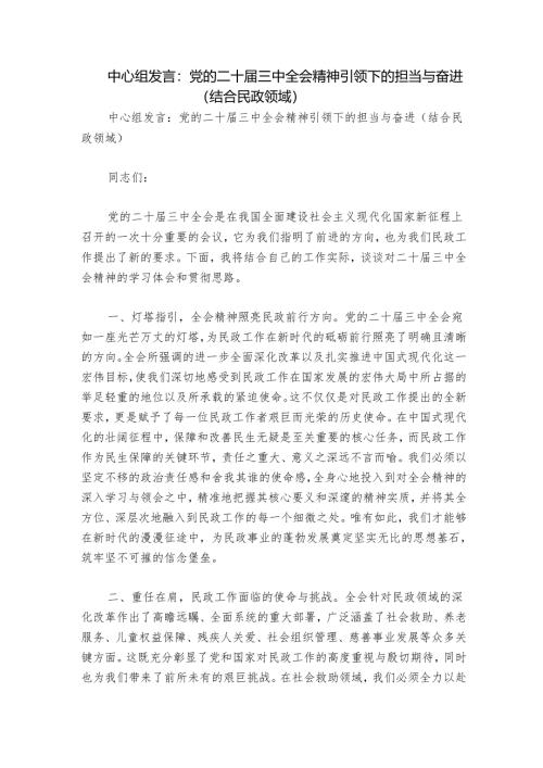 中心组发言：党的二十届三中全会精神引领下的担当与奋进（结合民政领域）.docx
