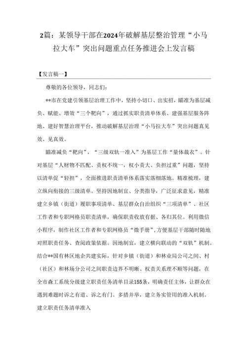 2篇：某领导干部在2024年破解基层整治管理“小马拉大车”突出问题重点任务推进会上发言稿.docx