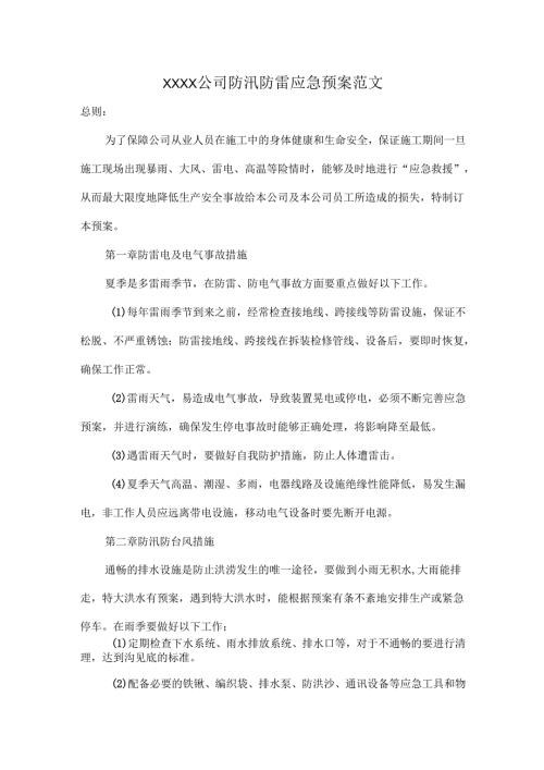 XXXX公司防汛防雷应急预案范文.docx