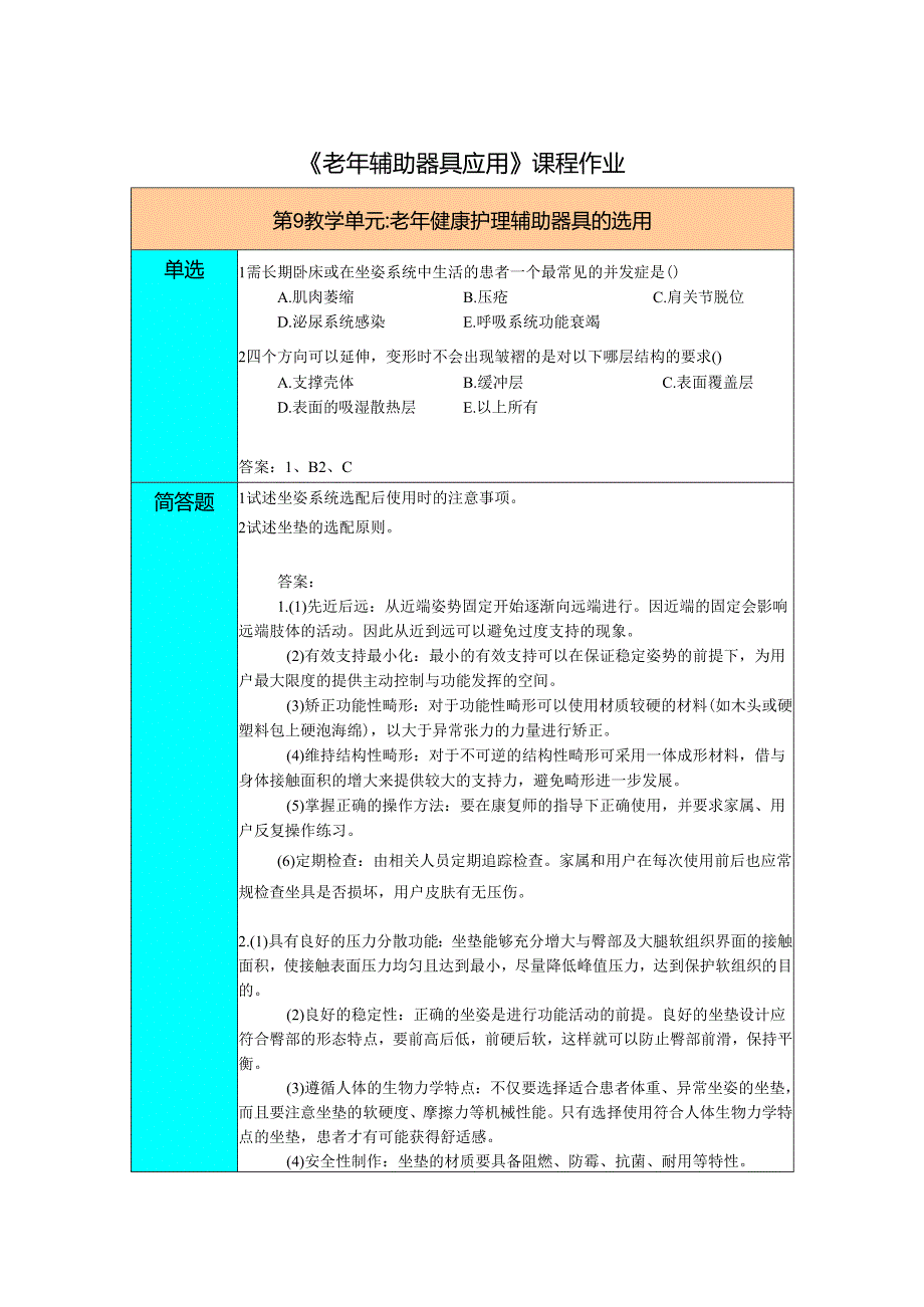 《老年辅助器具与应用》老年人健康护理辅助器具的选用习题作业.docx_第1页