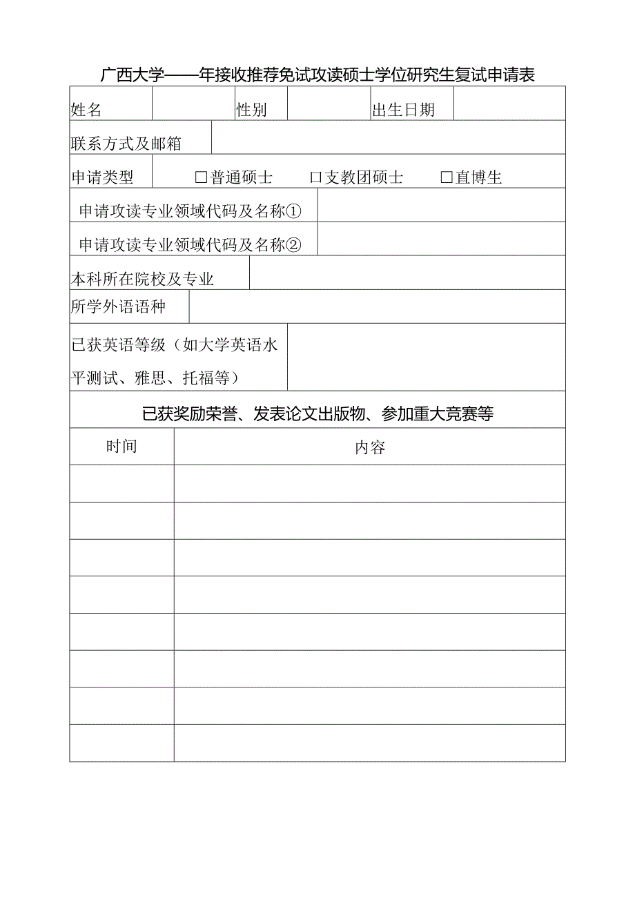 广西大学推荐免试攻读硕士学位研究生复试申请表.docx_第1页