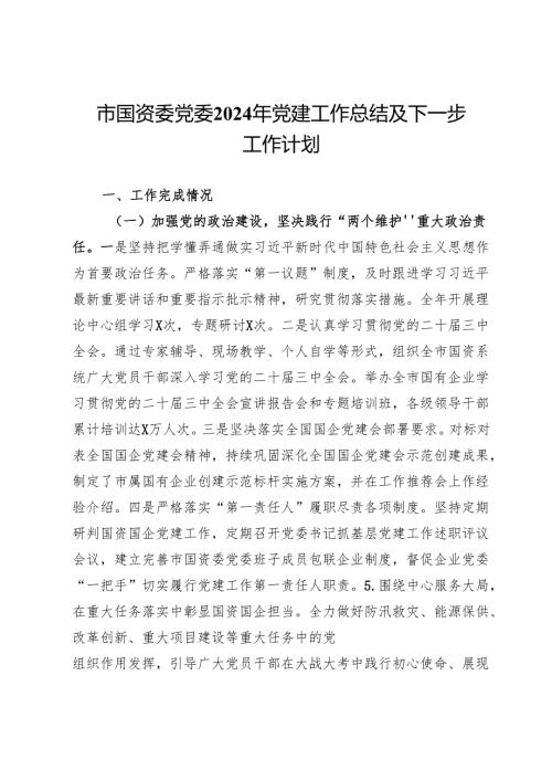 市国资委党委2024年党建工作总结及2025年工作计划.docx
