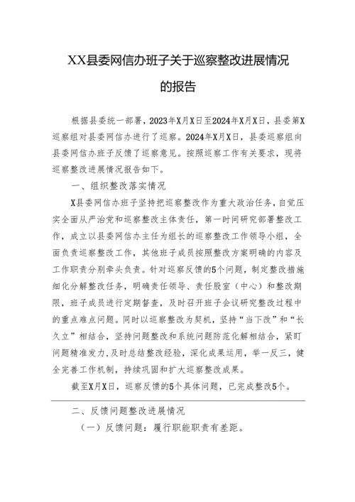 XX县委网信办班子关于巡察整改进展情况的报告.docx