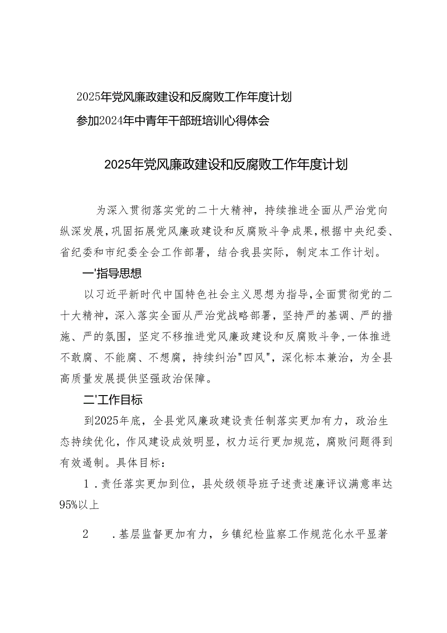 2025年党风廉政建设和反腐败工作年度计划+参加2024年中青年干部班培训心得体会.docx_第1页