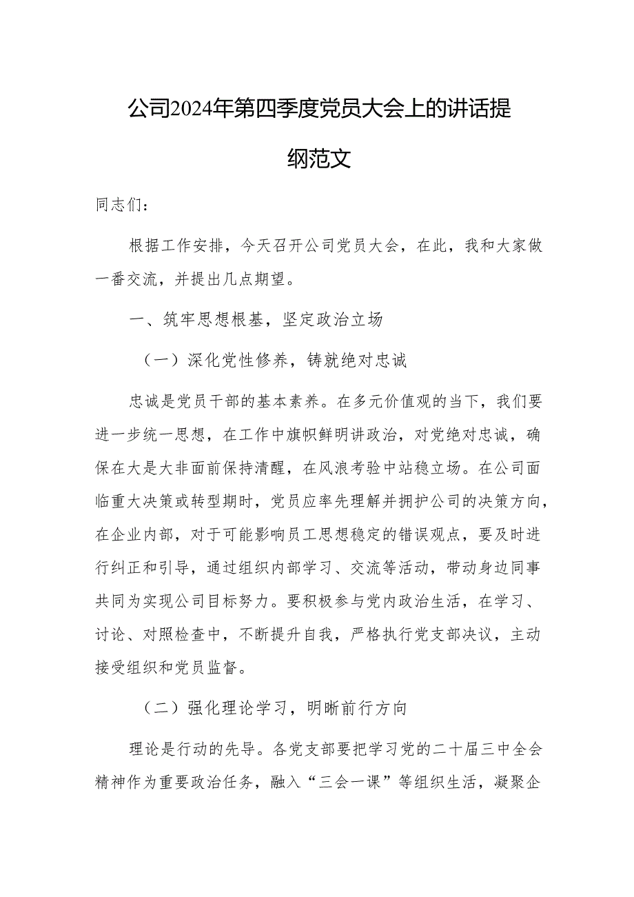 公司2024年第四季度党员大会上的讲话提纲范文.docx_第1页