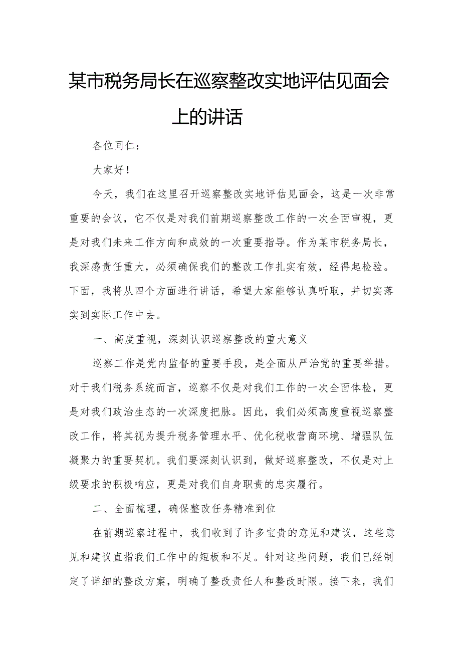 某市税务局长在巡察整改实地评估见面会上的讲话.docx_第1页