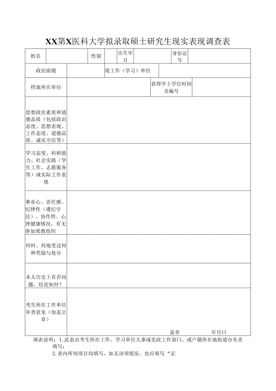 XX第X医科大学拟录取硕士研究生现实表现调查表（2024年）.docx_第1页