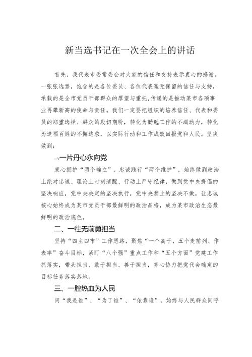 新当选书记在一次全会上的讲话.docx
