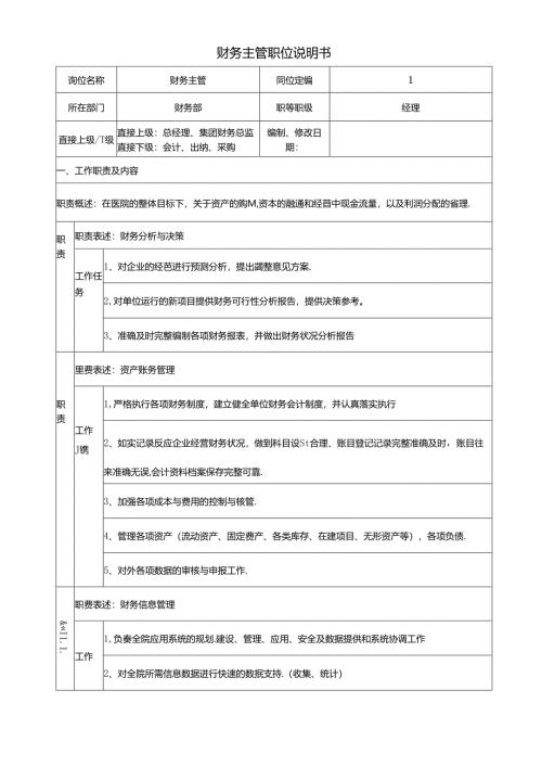 医院财务主管岗位说明书.docx
