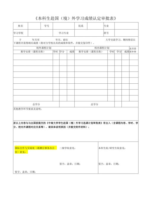 本科生赴国（境）外学习成绩认定审批表.docx