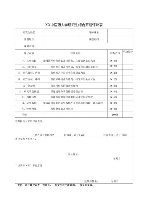 XX中医药大学研究生综合开题评议表（2024年）.docx