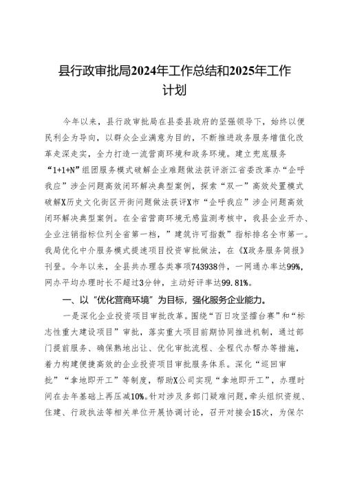 县行政审批局2024年工作总结和2025年工作计划.docx