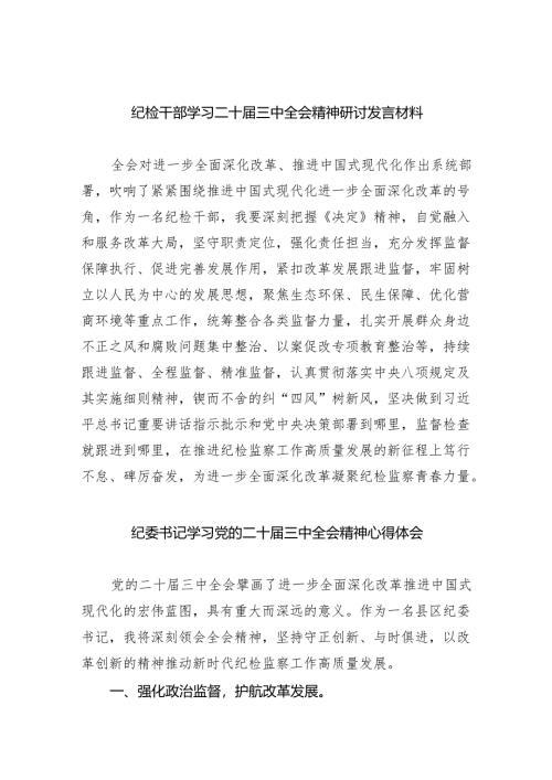 （9篇）纪检干部学习二十届三中全会精神研讨发言材料（精选）.docx