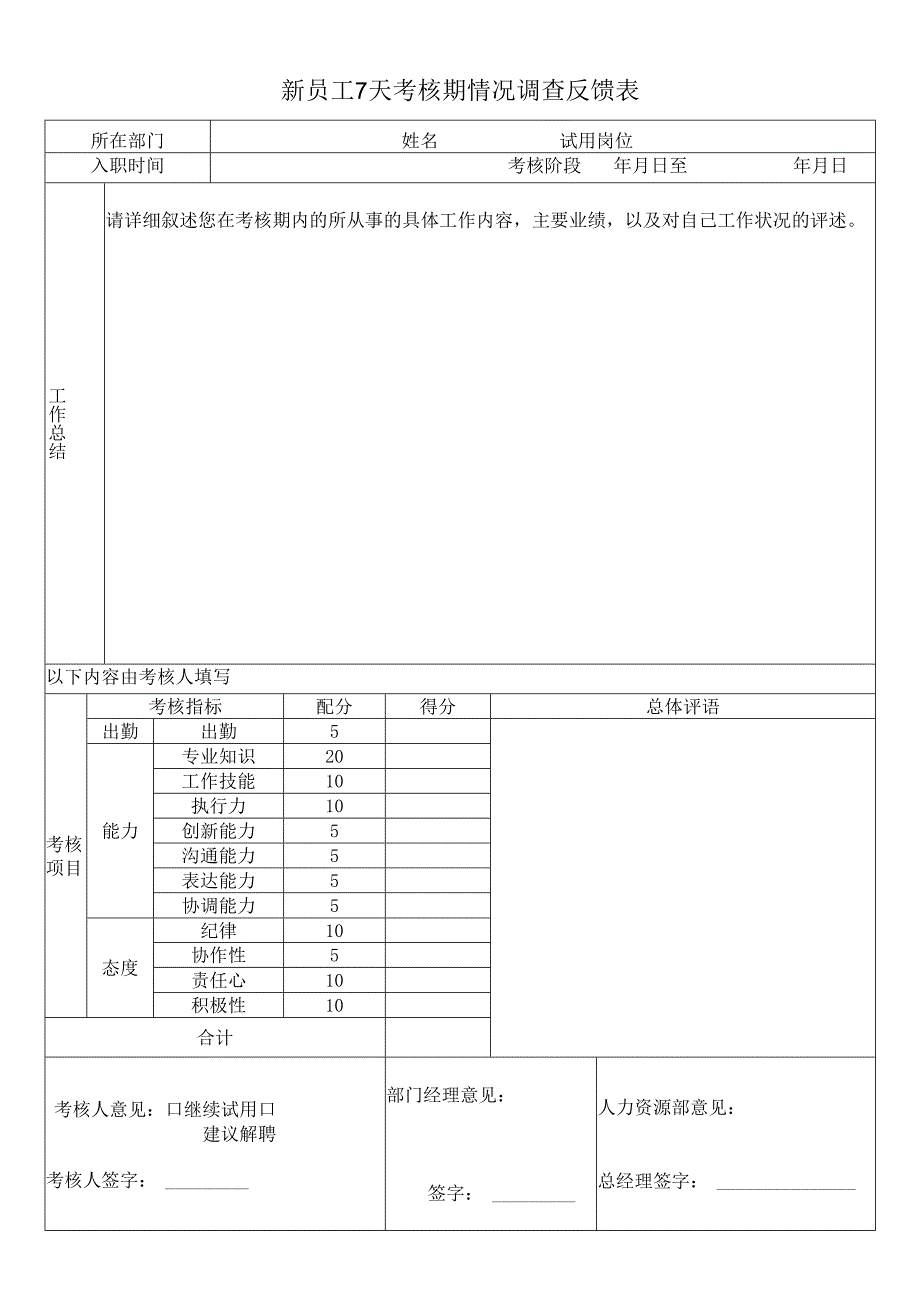 新员工7天考核期情况调查反馈表.docx_第1页