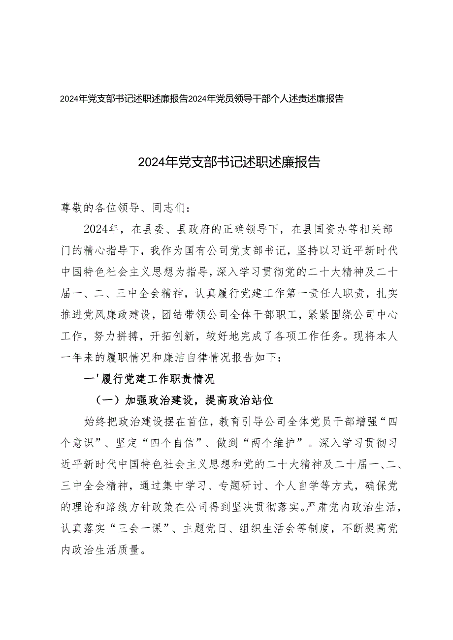 2024年党支部书记述职述廉报告党员领导干部个人述责述廉报告.docx_第1页