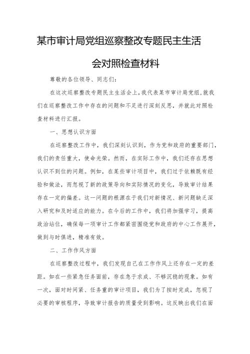 某市审计局党组巡察整改专题民主生活会对照检查材料.docx