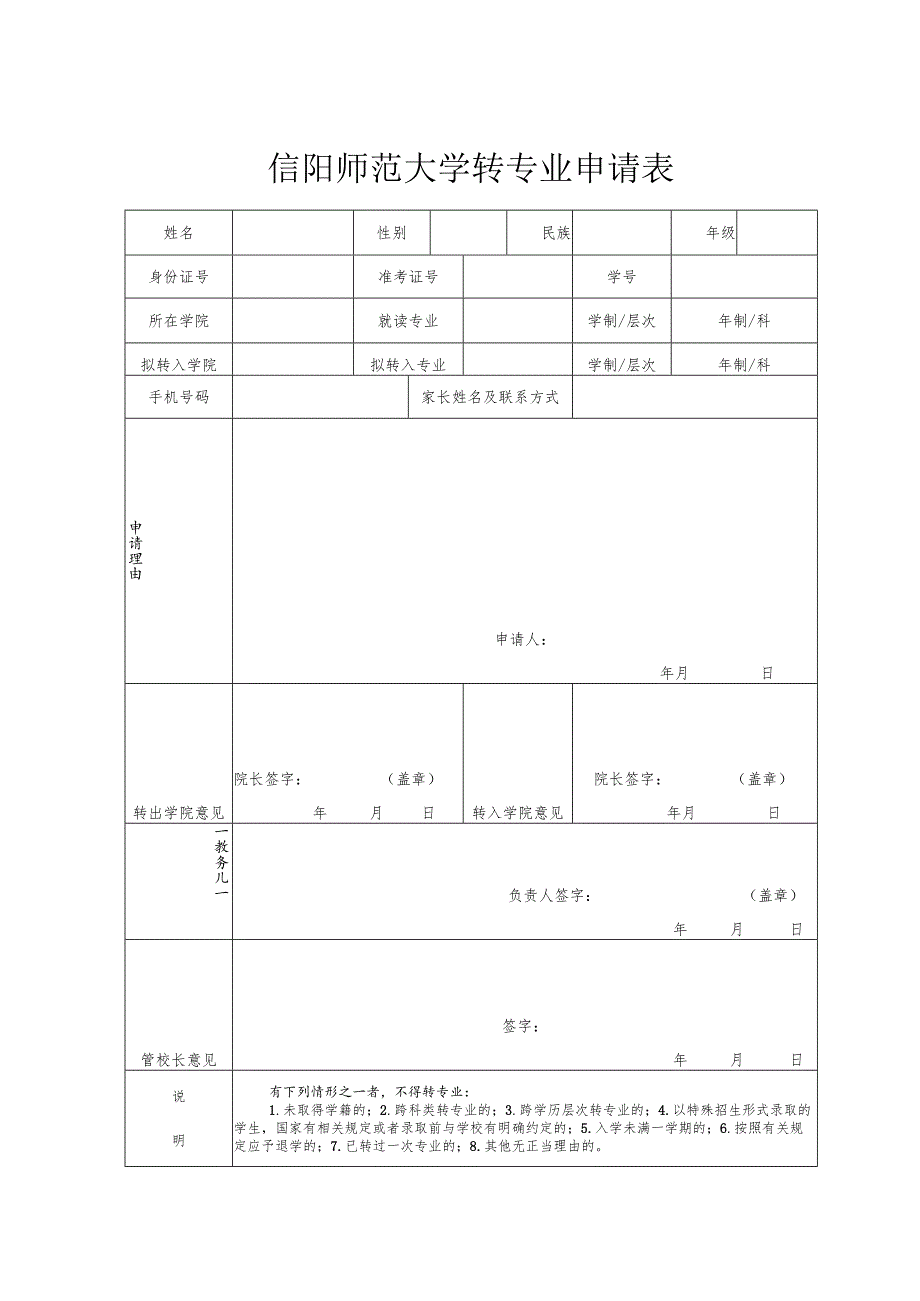 信阳师范大学转专业申请表.docx_第1页