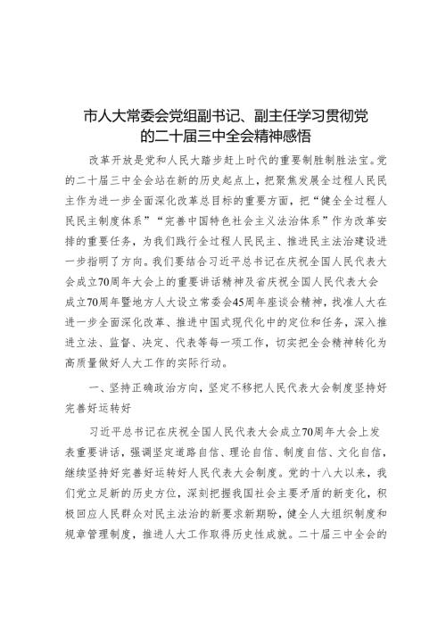 市人大常委会党组副书记、副主任学习贯彻党的二十届三中全会精神感悟.docx
