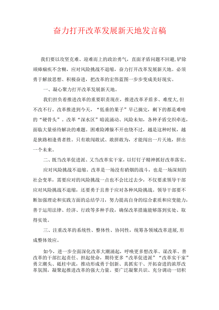 奋力打开改革发展新天地 发言稿.docx_第1页
