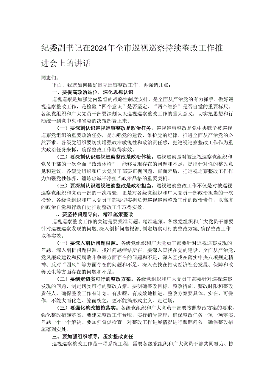 纪委副书记在2024年全市巡视巡察持续整改工作推进会上的讲话.docx_第1页
