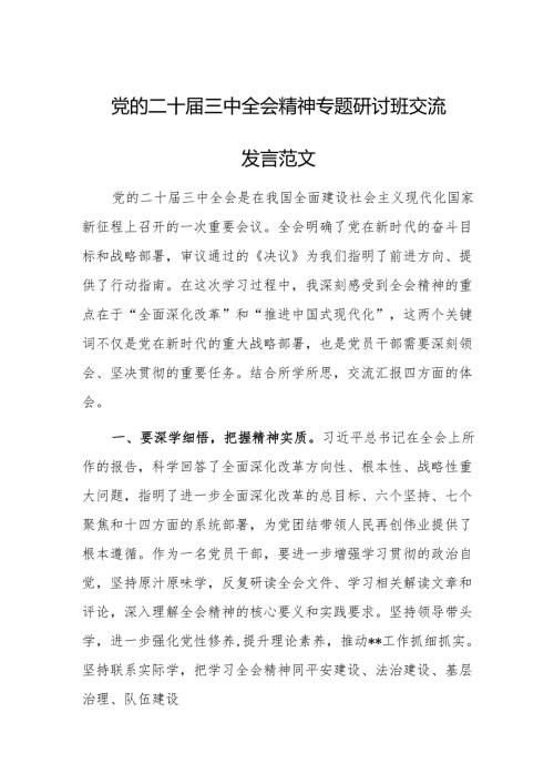 党的二十届三中全会精神专题研讨班交流发言范文.docx
