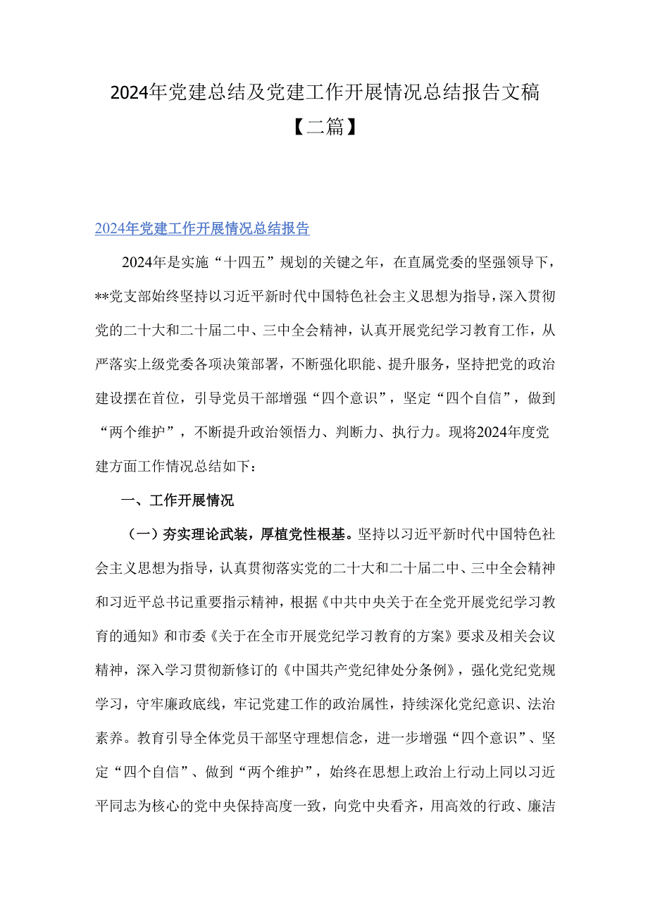 2024年党建总结及党建工作开展情况总结报告文稿【二篇】.docx_第1页