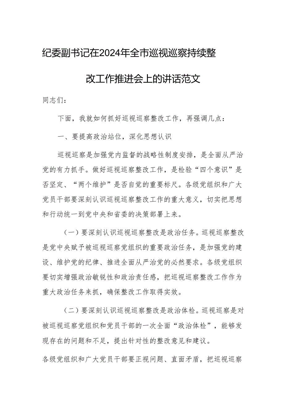 纪委副书记在2024年巡视巡察持续整改工作推进会上的讲话范文.docx_第1页