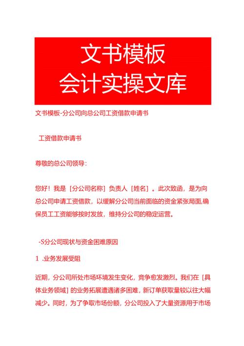 文书模板-分公司向总公司工资借款申请书.docx