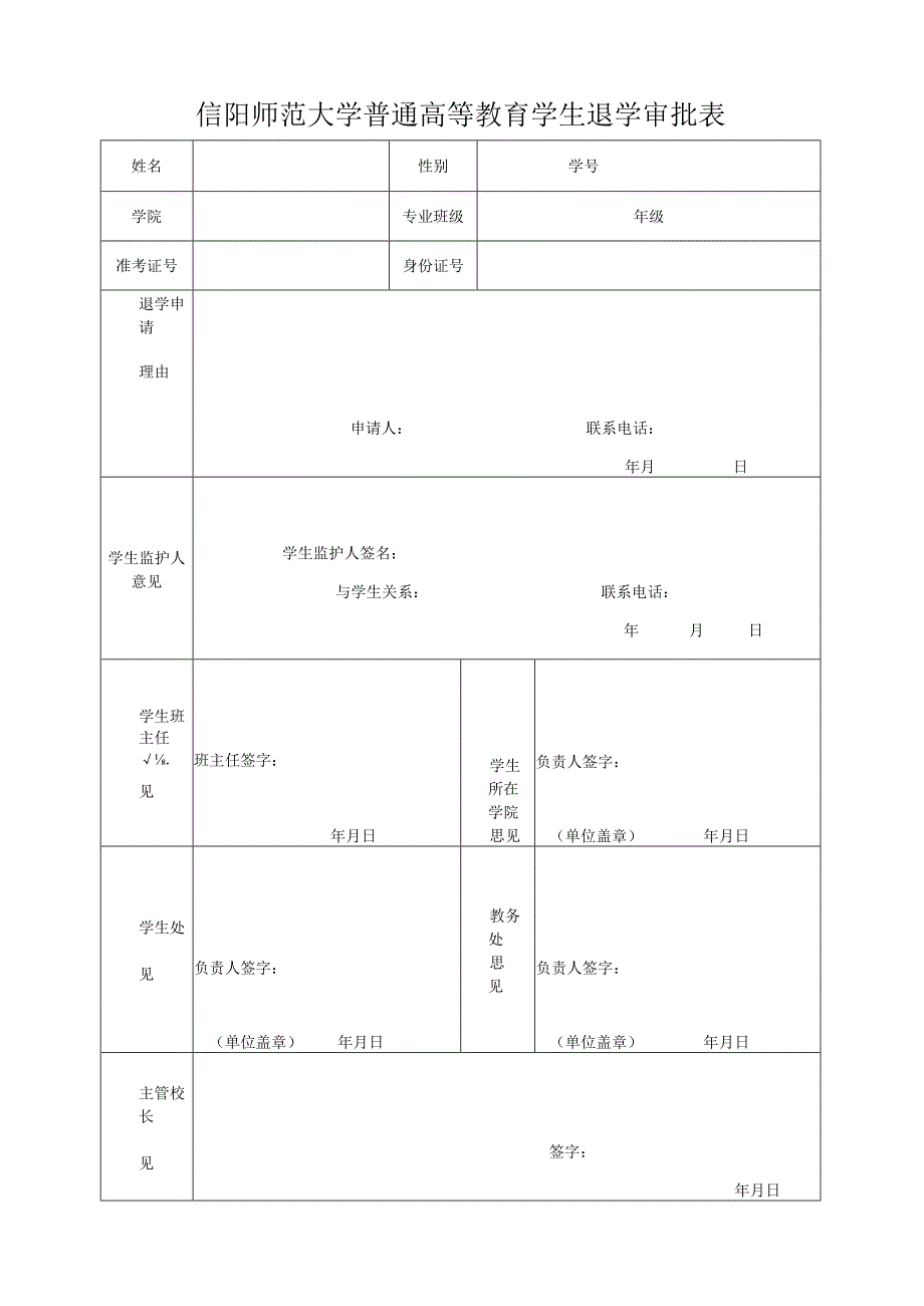 信阳师范大学普通高等教育学生退学审批表.docx_第1页