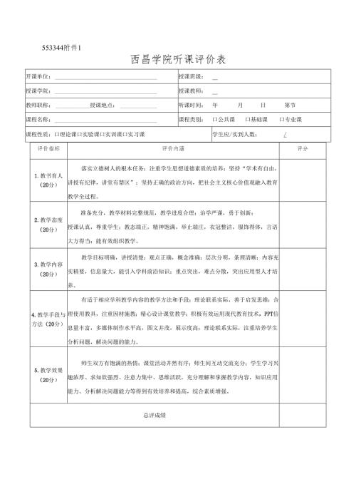 西昌学院听课评价表、反馈表、统计表.docx
