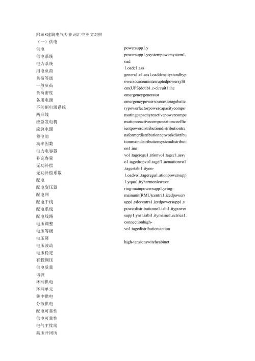 建筑电气专业词汇中英文对照.docx