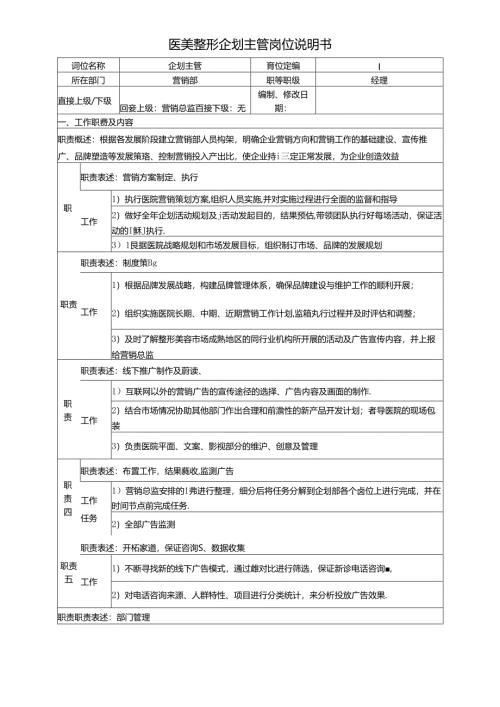 医美整形企划主管岗位说明书.docx