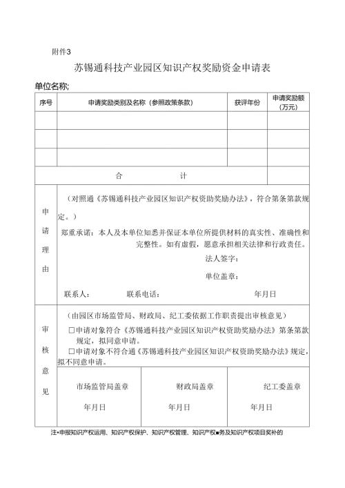 苏锡通科技产业园区知识产权奖励资金申请表.docx