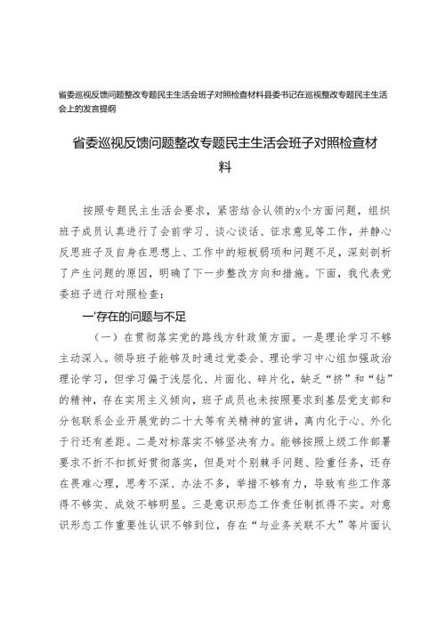 省委巡视反馈问题整改专题民主生活会班子对照检查材料+县委书记在巡视整改专题民主生活会上的发言提纲.docx