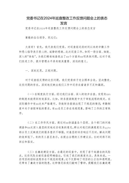 党委书记在2024年巡查整改工作反馈问题会上的表态发言.docx