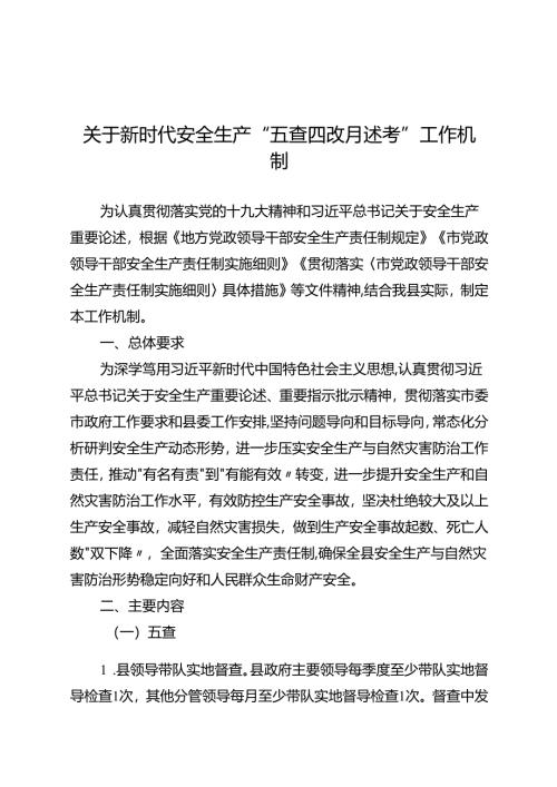关于新时代安全生产“五查四改月述考”工作机制.docx