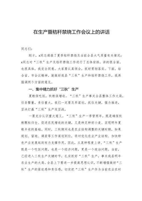 在生产暨秸秆禁烧工作会议上的讲话.docx