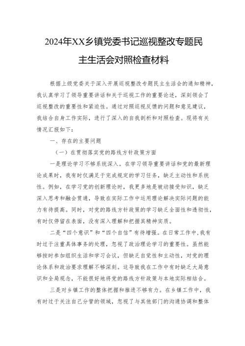 2024年乡镇党委书记巡视整改专题民主生活会对照检查材料.docx