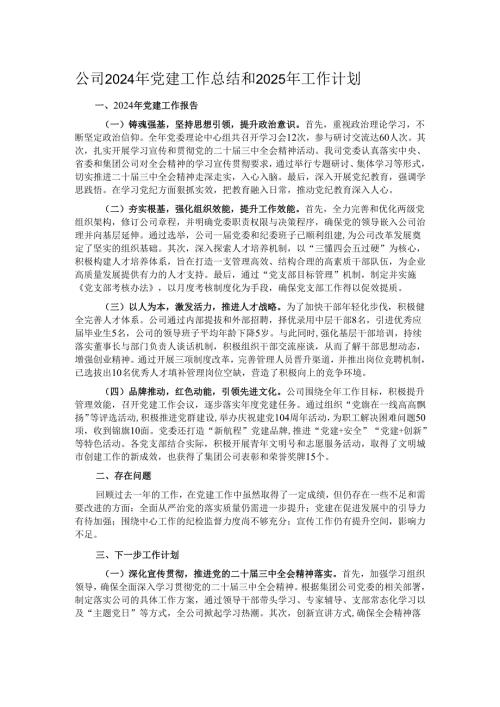 公司2024年党建工作总结和2025年工作计划.docx