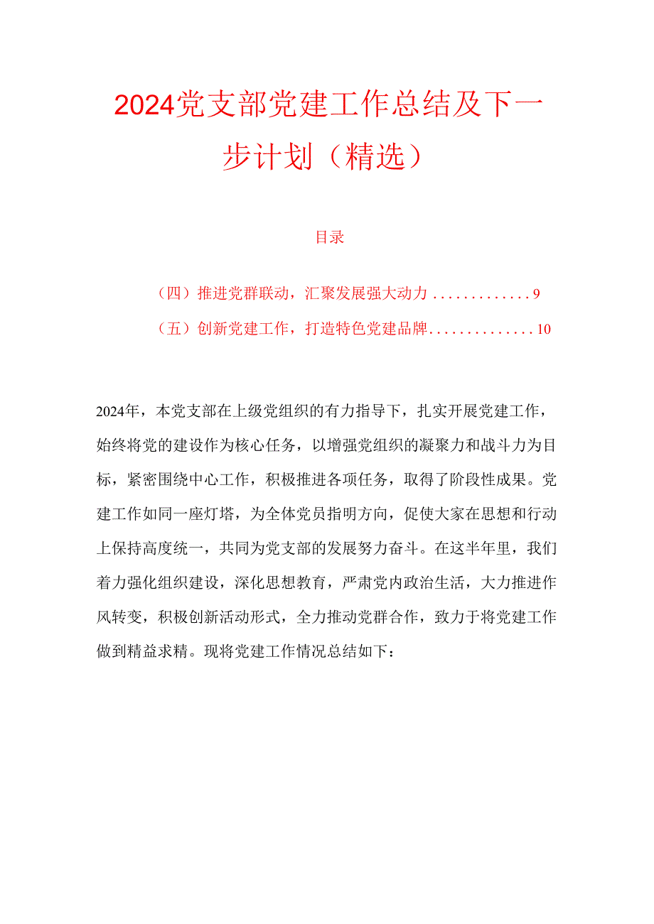 2024党支部党建工作总结及下一步计划（精选）.docx_第1页